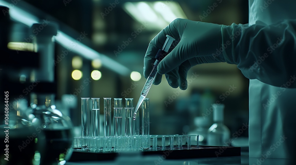 Laboratory scene featuring a gloved hand carefully holding a micropipette, dispensing liquid into a test tube, soft ambient lighting casting gentle reflections, Laboratory scene featuring a gloved hand carefully holding a micropipette, dispensing liquid into a test tube, soft ambient lighting casting gentle reflections,