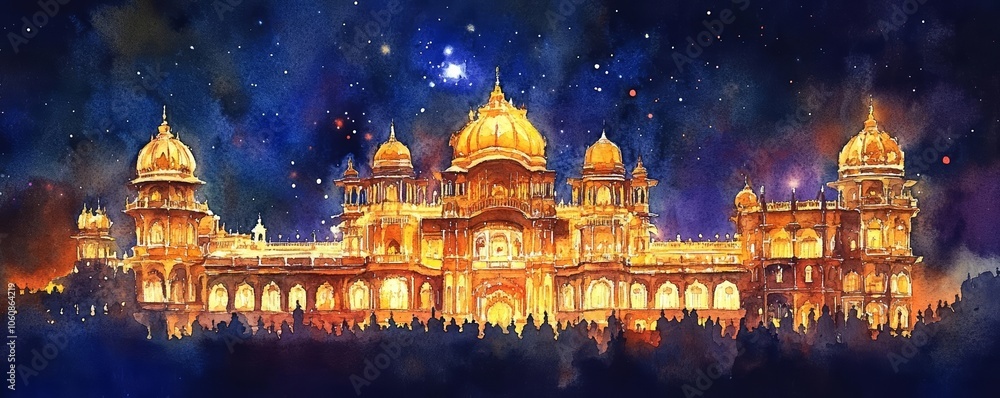 Obraz premium Mystical night at Mysore Dasara with glowing palace and starry sky, Vibrant Festival, Watercolor art, Cultural event