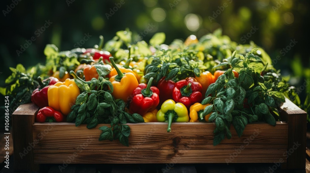 A wooden crate filled with a variety of peppers and herbs A wooden crate filled with a variety of peppers and herbs