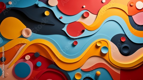 A colorful abstract painting with a blue and red wave