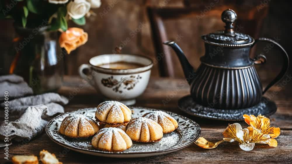 A plate of small, round cookies sits on a wooden table, along with a teapot and a teacup A plate of small, round cookies sits on a wooden table, along with a teapot and a teacup