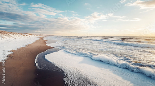 Fototapeta Naklejka Na Ścianę i Meble -  Waves crash on a sandy beach with a light dusting of snow