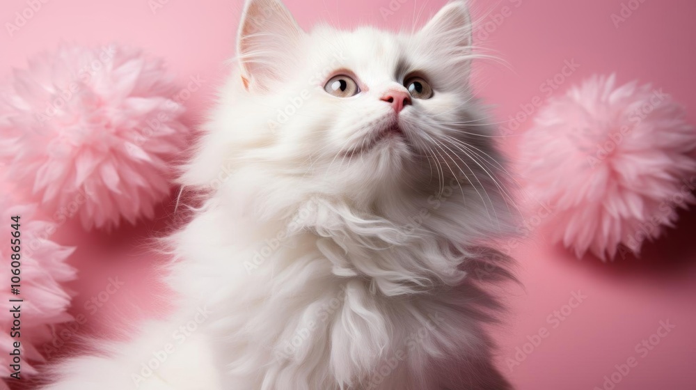 A fluffy white cat with a pink background A fluffy white cat with a pink background