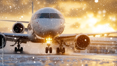 Plane ready to take of in snowy day and sunny rays. Christmas travel concept