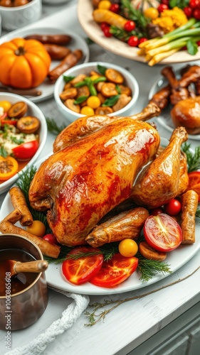 A roasted chicken sits on a white plate, surrounded by tomatoes, herbs, and other food items