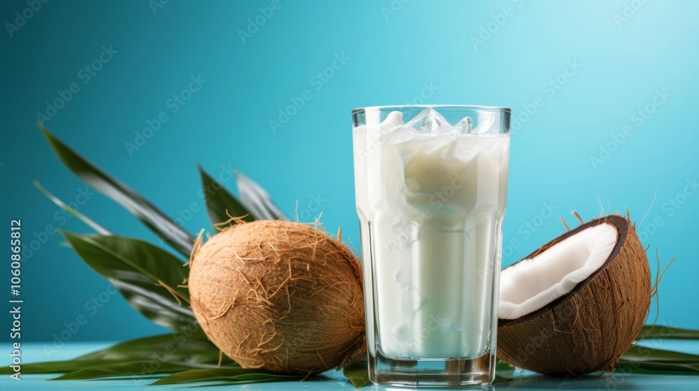 A glass of milk is next to a half eaten coconut A glass of milk is next to a half eaten coconut
