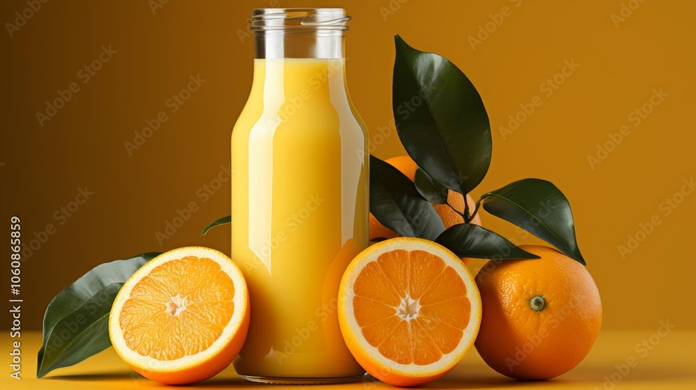 A glass of orange juice is on a table with a bunch of oranges and leaves A glass of orange juice is on a table with a bunch of oranges and leaves