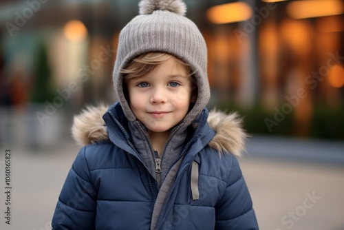 A portrait of a cute little boy in a warm hat and blue jacket on the street.