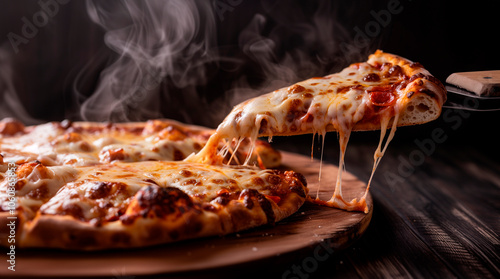 Steaming hot pizza on a wooden board with a slice being lifted, showing melted cheese stretching from the base. Crispy golden crust with melted cheese and pepperoni topping.