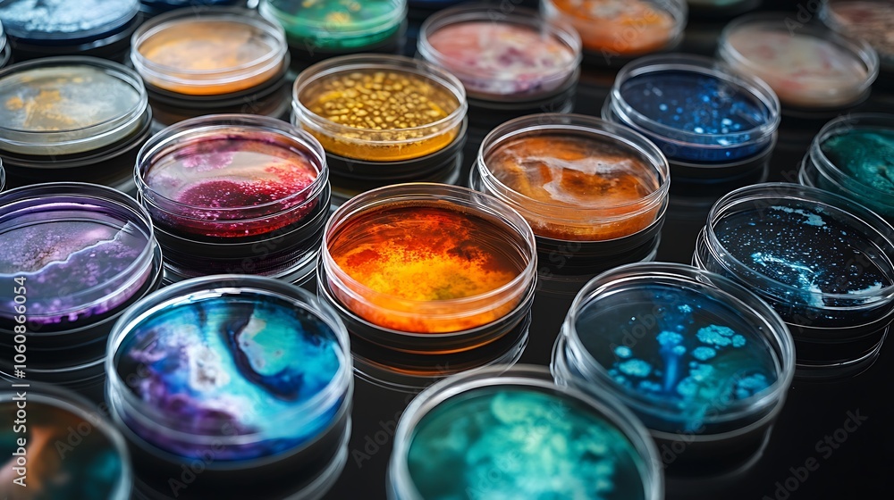 Macro shot of petri dishes with vivid bacterial stains, arranged in a grid on a glossy lab surface, bright lab lighting illuminating the unique colors and textures of each culture --ar 16:9 Macro shot of petri dishes with vivid bacterial stains, arranged in a grid on a glossy lab surface, bright lab lighting illuminating the unique colors and textures of each culture --ar 16:9