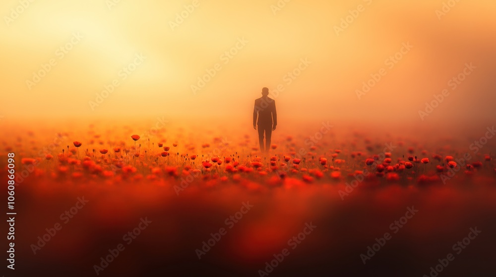 A Solitary Figure Walks Through a Field of Vibrant Poppies at Sunset A Solitary Figure Walks Through a Field of Vibrant Poppies at Sunset