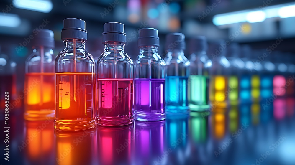 Macro shot of reagent bottles filled with neon-colored liquids, sharp focus on labels and liquid textures, subtle reflections on the glossy surface, Macro shot of reagent bottles filled with neon-colored liquids, sharp focus on labels and liquid textures, subtle reflections on the glossy surface,