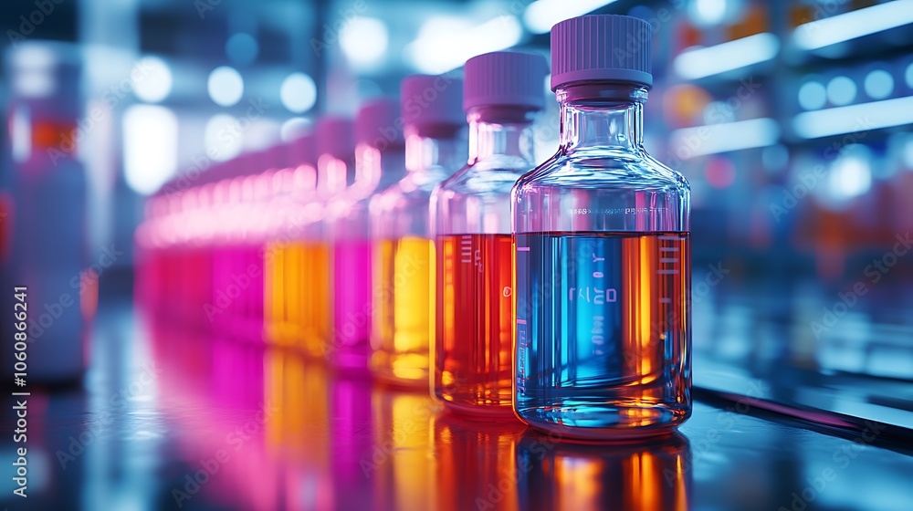 Macro shot of reagent bottles filled with neon-colored liquids, sharp focus on labels and liquid textures, subtle reflections on the glossy surface, Macro shot of reagent bottles filled with neon-colored liquids, sharp focus on labels and liquid textures, subtle reflections on the glossy surface,
