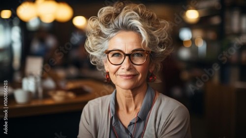 A woman with glasses and a big smile is sitting at a table in a restaurant