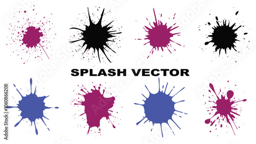 A collection of eight ink splatters in different colors on a white background.