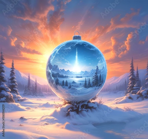 Illustration of Christmas ball decoration with winter snowy landscape and heavenly sky.