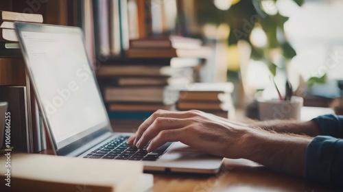 A person's hands type on a laptop in a home office setting. The laptop is open and the keyboard is visible. There are books and a plant in the background. mockup, blank space