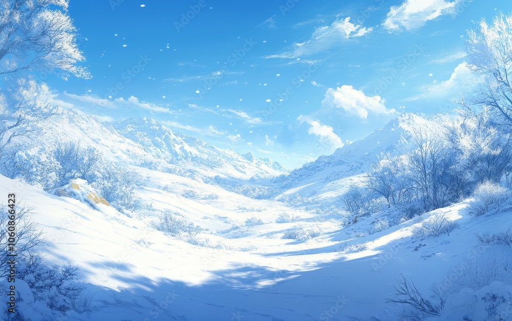 Obraz premium A serene winter landscape with mountains, snow, and a bright blue sky.