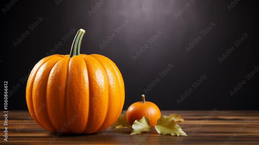 A large orange pumpkin sits on a wooden table next to two smaller pumpkins A large orange pumpkin sits on a wooden table next to two smaller pumpkins