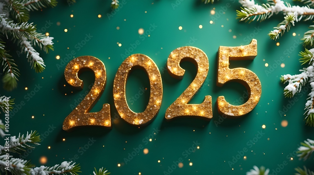 Golden year 2025 on green background, snowy tree branches, New Year celebration, Christmas wishes Golden year 2025 on green background, snowy tree branches, New Year celebration, Christmas wishes