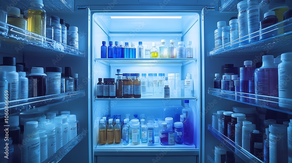 Open lab refrigerator filled with neatly organized chemical bottles and labeled samples, arranged by size and color, cold blue lighting creating a sterile and clinical atmosphere, Open lab refrigerator filled with neatly organized chemical bottles and labeled samples, arranged by size and color, cold blue lighting creating a sterile and clinical atmosphere,