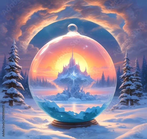 Illustration of Christmas ball decoration with winter snowy landscape and blue glowing inside.