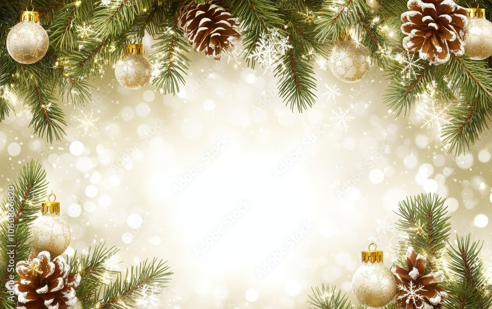 A festive winter scene with pine branches, ornaments, and snowflakes, perfect for holiday greetings. A festive winter scene with pine branches, ornaments, and snowflakes, perfect for holiday greetings.