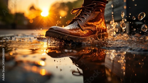 A person's boot is splashing water as they walk through a puddle