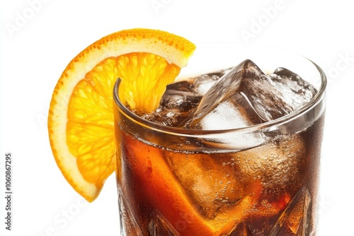 Close-up of dark amber iced drink in glass with large ice cube and orange slice photo