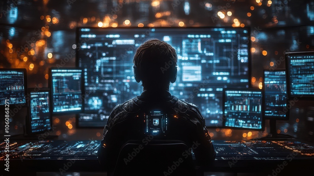 focused programmer immersed in holographic data analyzing trading patterns and cybersecurity metrics with a futuristic office backdrop highlighting digital screens and tech gear focused programmer immersed in holographic data analyzing trading patterns and cybersecurity metrics with a futuristic office backdrop highlighting digital screens and tech gear