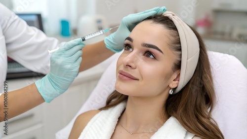Young woman recieving injection of anti-aging botox filler to forehead from professional cosmetologist in beauty salon