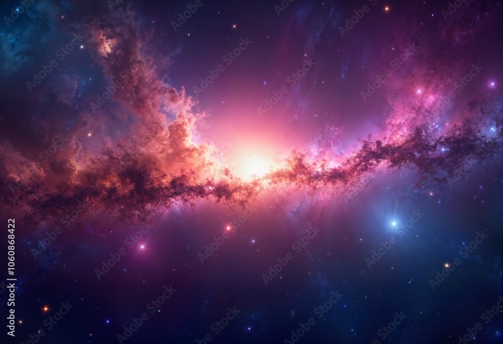 Naklejka premium Vast cosmic vista showcasing vibrant pink and purple hues in interstellar space filled with stars and nebulae under a dark sky