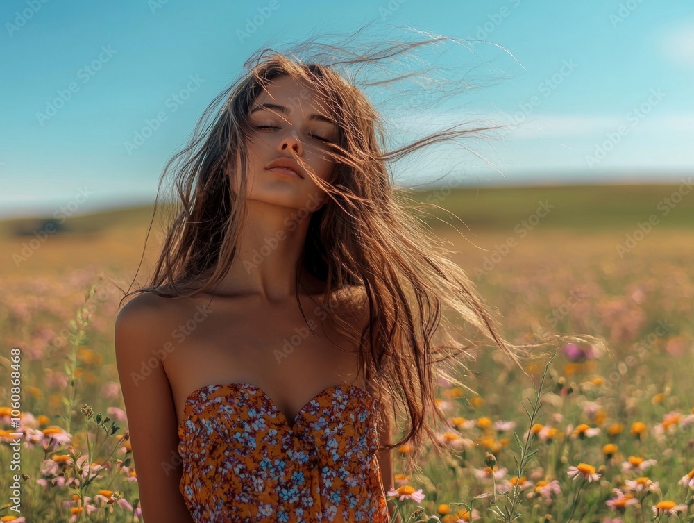 Windswept Beauty A Young Woman Reveling in a Vibrant Flower Filled Field Windswept Beauty A Young Woman Reveling in a Vibrant Flower Filled Field