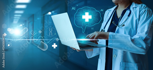 Medical technology, health tech, healthcare and medicine. Female doctor using laptop in Ai-facilitated healthcare concept.