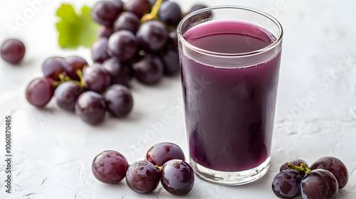 A glass of fresh grape juice surrounded by ripe grapes