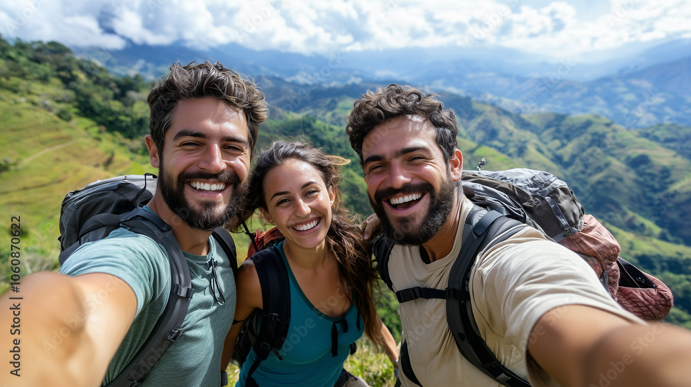 Friends Taking Selfies in Lush Green Valley at Lookout Point Friends Taking Selfies in Lush Green Valley at Lookout Point