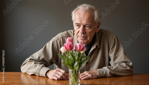 Elderly Man Reflecting with Tulips for Alzheimer's Disease Support and Remembrance