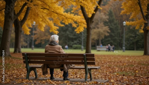 Elderly Woman Sitting Alone on Park Bench in Autumn for Alzheimer's Disease Reflection
