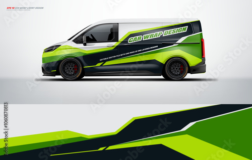 van wrap design for universal medium van, with a touch of Abstract simple racing Graphics in green, black and white with background. Vector eps print ready printable file.