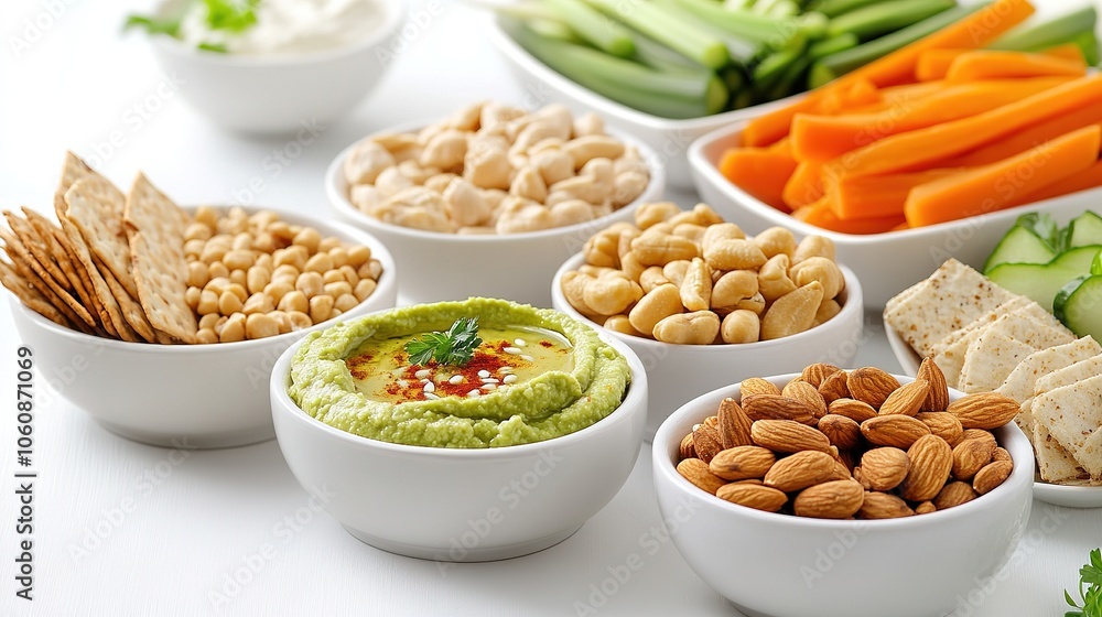 A selection of healthy snacks, such as hummus, guacamole, and mixed nuts served in small bowls, presented on a white table, accompanied by whole grain crackers and fresh veggie sticks A selection of healthy snacks, such as hummus, guacamole, and mixed nuts served in small bowls, presented on a white table, accompanied by whole grain crackers and fresh veggie sticks