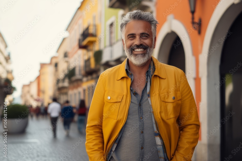 Portrait of a handsome mature man with gray hair wearing a yellow jacket and smiling while walking in the city Portrait of a handsome mature man with gray hair wearing a yellow jacket and smiling while walking in the city