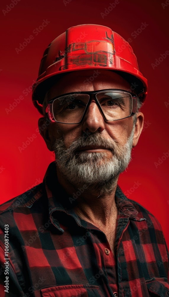 Focused Factory Supervisor Portrait in Safety Gear on Red Background for Industrial Design Focused Factory Supervisor Portrait in Safety Gear on Red Background for Industrial Design