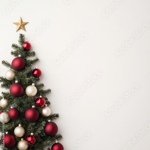 Christmas tree with ornaments and star, white isolated background.