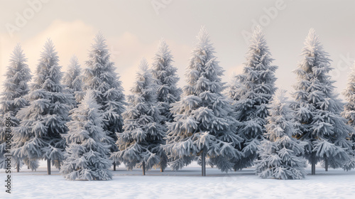 Evergreen Forest in Snow. Majestic pine trees covered in snow with a soft, golden light breaking through, highlighting the serenity of winter