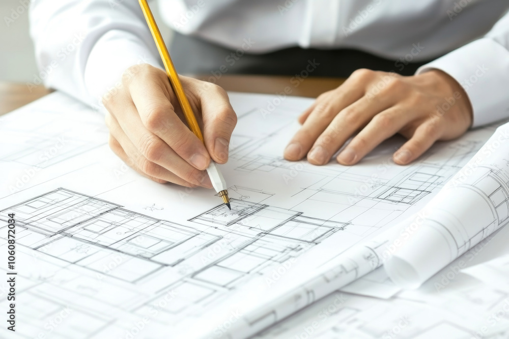 Architect designing blueprint at desk with pencil in professional workspace environment Architect designing blueprint at desk with pencil in professional workspace environment