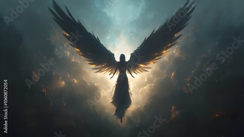 Majestic Angel Descending from the Heavens Amidst Ethereal Clouds