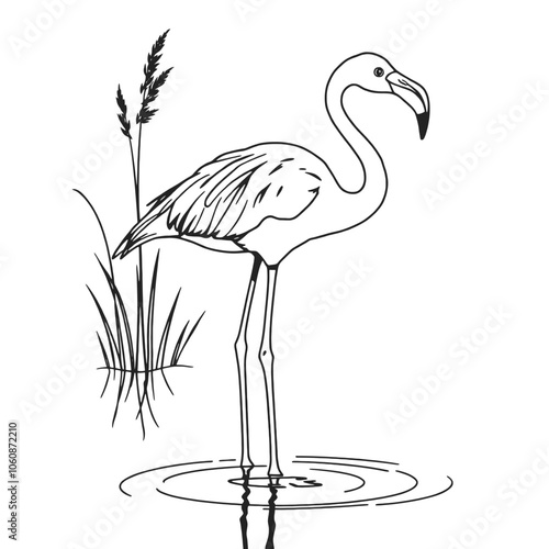 A black and white line drawing of a flamingo standing