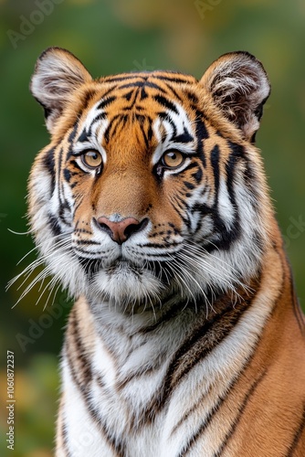 Tiger portrait, fierce gaze, vibrant striped fur, wildlife beauty