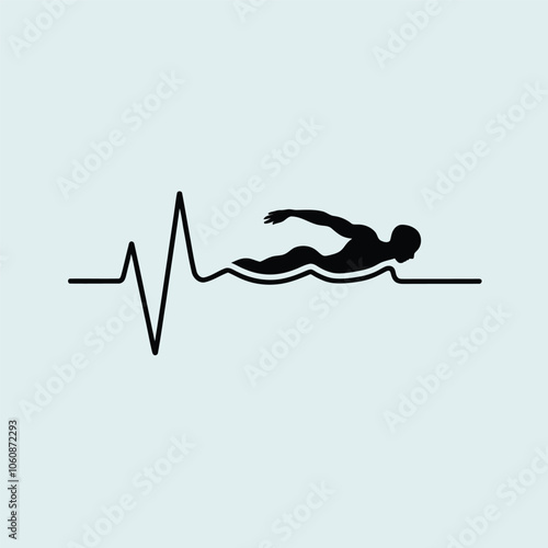 Heartbeat line with a silhouette of a swimmer in freestyle position