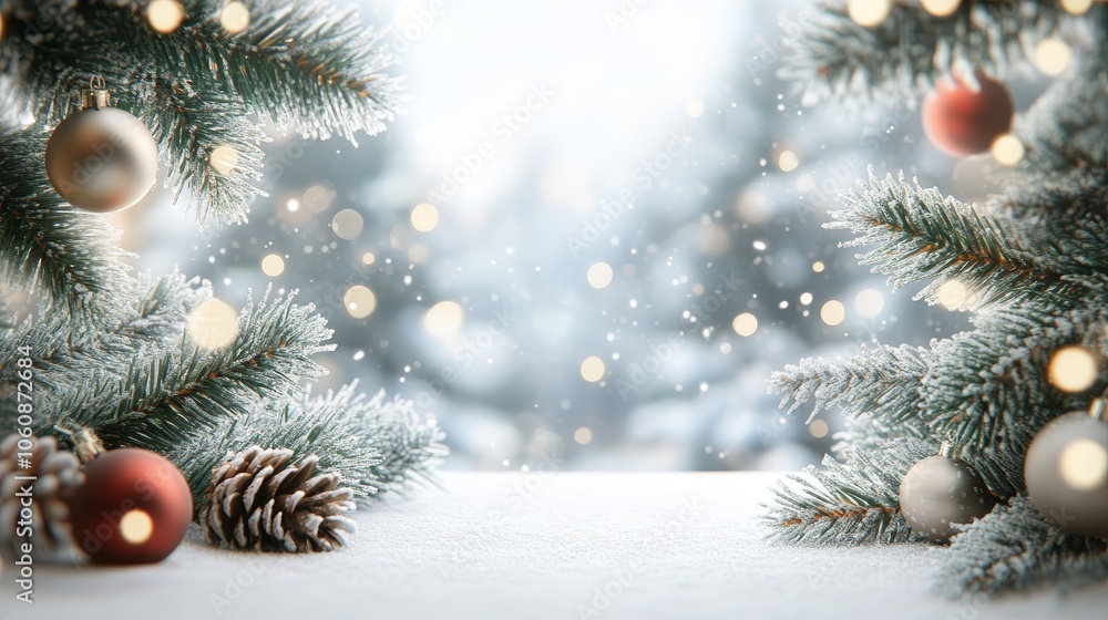 A serene winter scene with snow, pine branches, ornaments, and soft glowing lights. A serene winter scene with snow, pine branches, ornaments, and soft glowing lights.